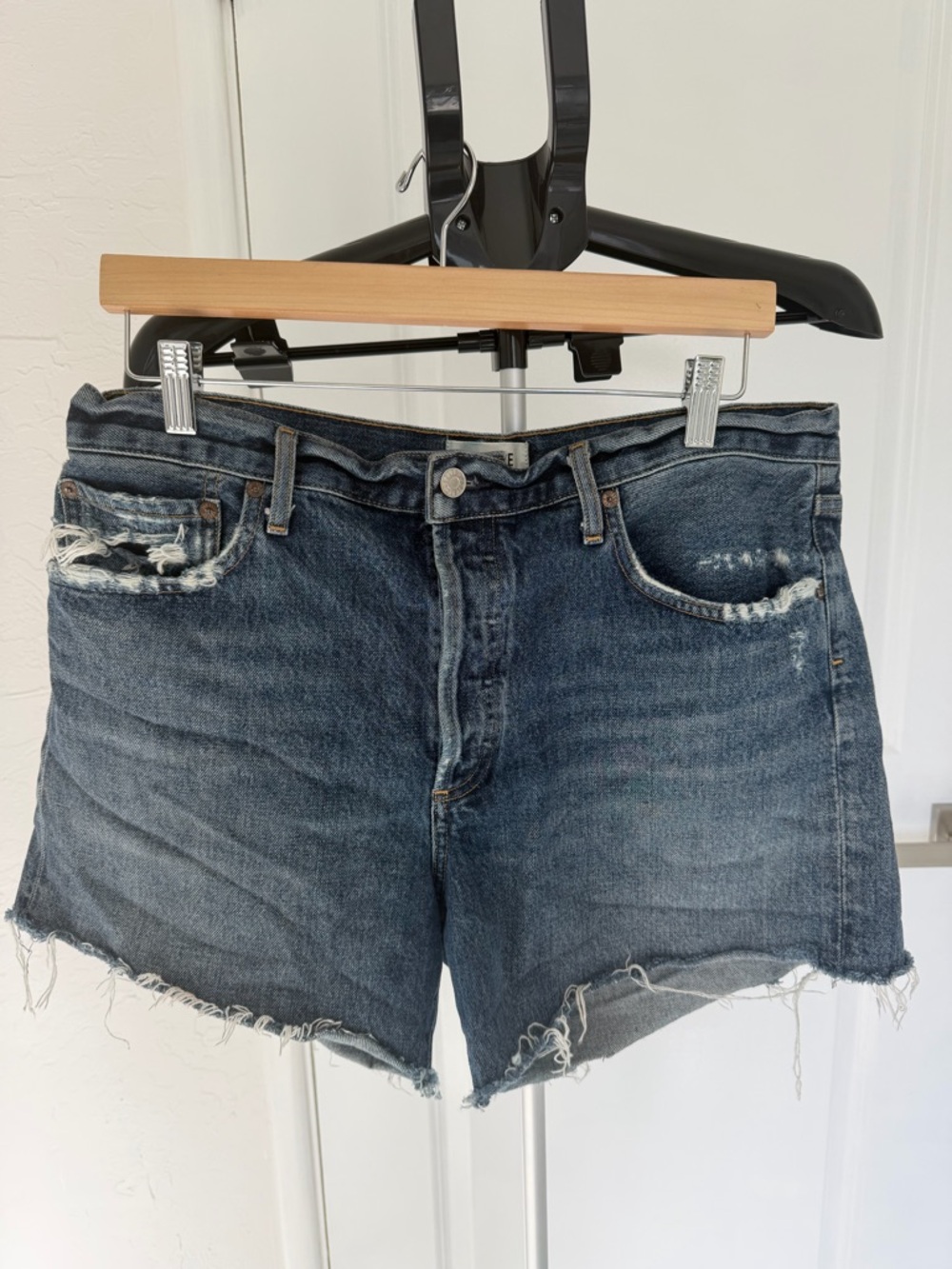 Agolde Dark Blue Distressed Denim Cutoff Shorts